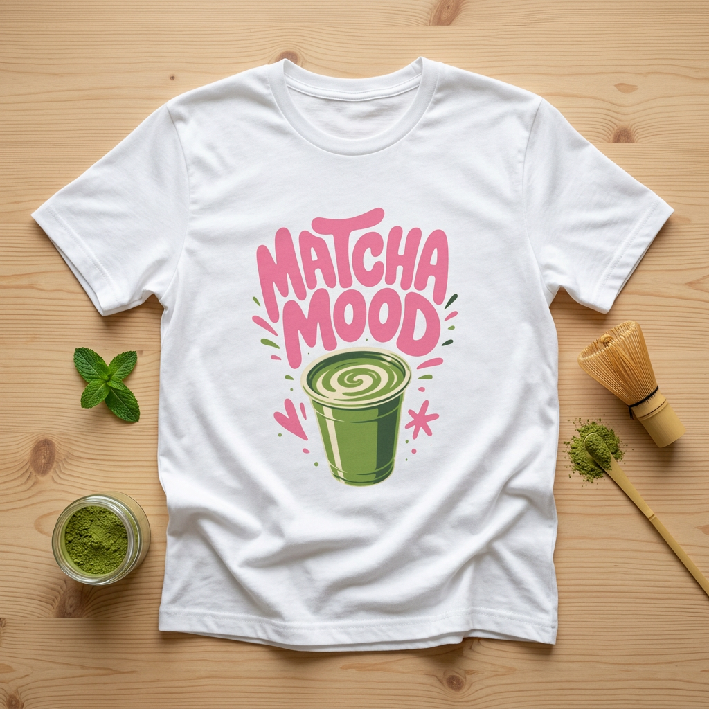 Matcha Mood T-Shirt | Matcha Latte Illustration, Pink Green Graphic Tee