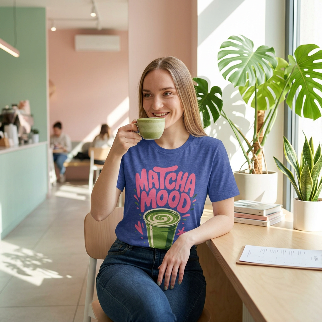 Matcha Mood T-Shirt | Matcha Latte Illustration, Pink Green Graphic Tee